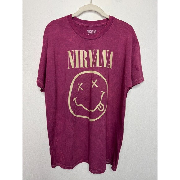 Nirvana Large Smiley Face T-Shirt Red Mineral Wash Cotton Short Sleeve Band NWOT - Picture 1 of 9